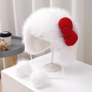 Hello Kitty Inspired Fuzzy Hat with Red Bow & Pom-Poms